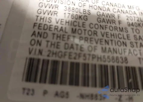 2023 Honda Civic Sport from USA, damaged, VIN 2HGFE2F57PH558638